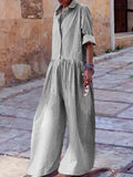 Fashion Lapel Single Breasted Half Sleeve Wide Leg Jumpsuit Spring Autumn Lady New Women's Loose Casual Plaid Printed Jumpsuit