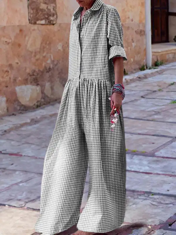 Fashion Lapel Single Breasted Half Sleeve Wide Leg Jumpsuit Spring Autumn Lady New Women's Loose Casual Plaid Printed Jumpsuit