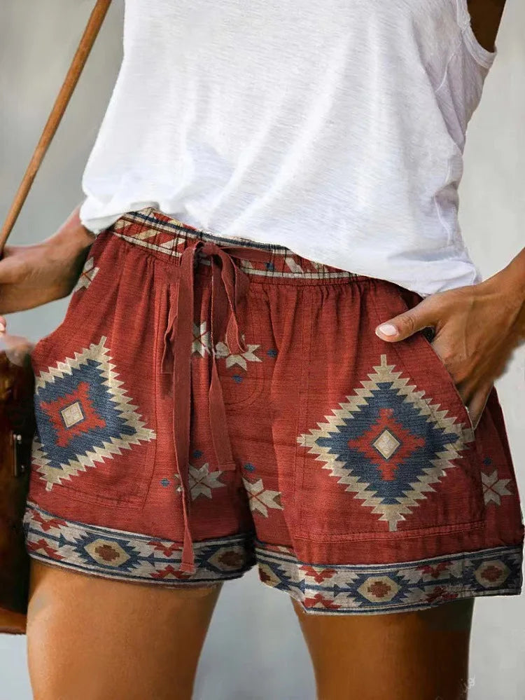 High Waist Printed Loose Shorts Lace up Straight Leg Pants European Style Simple Fashion Polyester Fiber Non Iron Daily Wear