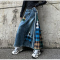 High Fashion Denim Skirt Women Elastic High Waist A-Line Long Skirt Female Colorful Patchwork Plaid Jean Skirt