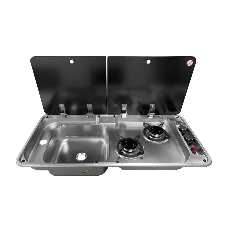 304 Stainless Steel RV Sink with Dual-Burner Gas Stove Combo Built-in Camper Van, Caravan & Motorhome Kitchen Unit