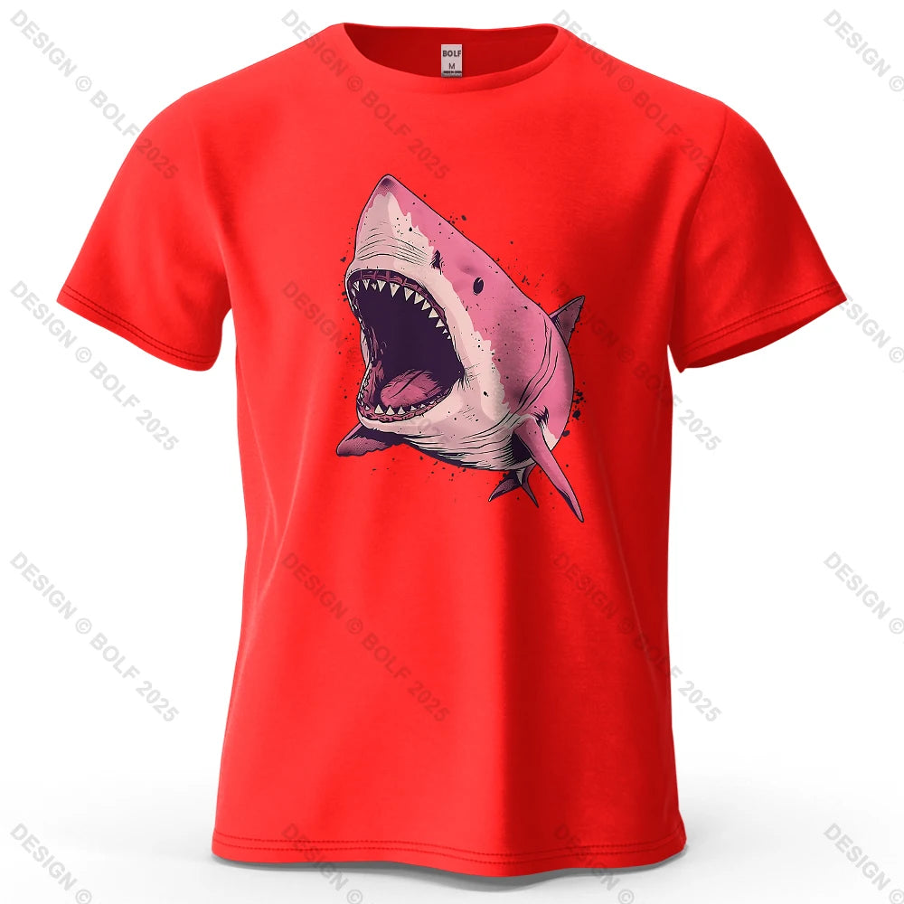 Pink Shark Cartoon Image Printed Men's T-Shirt 100% Cotton Oversized Marine Life Graphic Tees for Women Tops Tees Streetwear