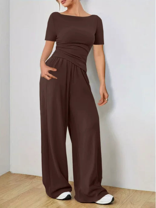 Trendy Slim Solid Color Trousers Suit For Women Simple Slim Irregular T-shirt Wide-leg Trousers Two-piece Casual Spring Suit