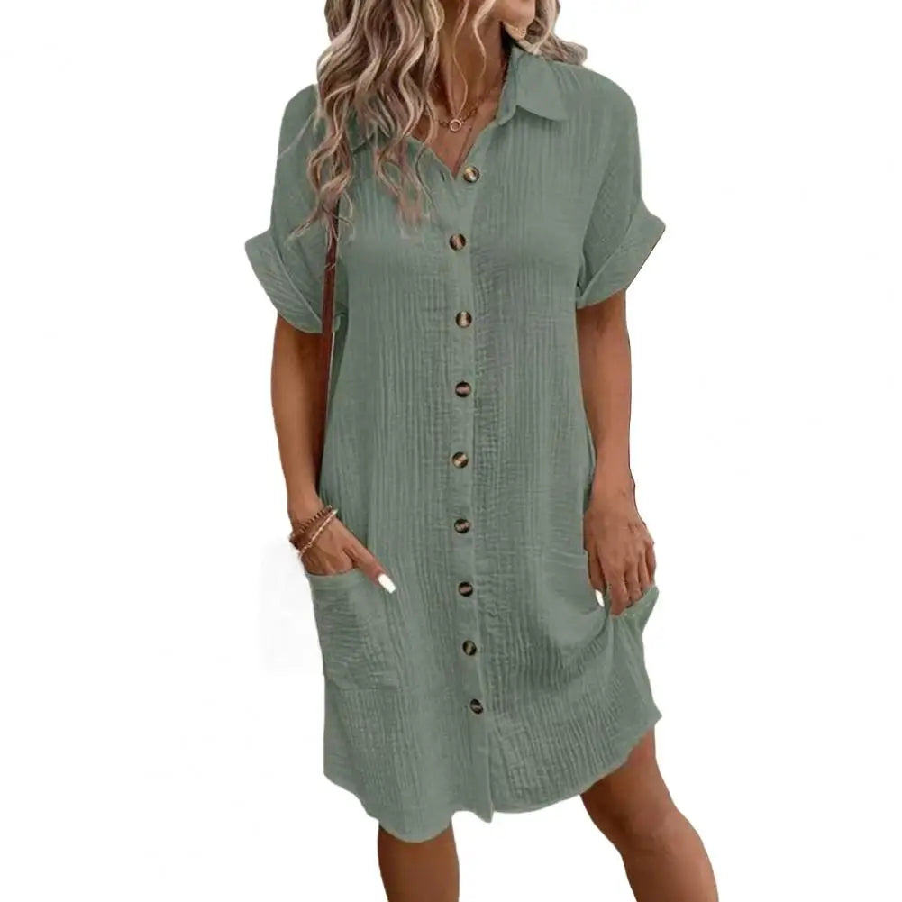 2026 Women's Cotton Linen Dress Casual Button Down V-neck Dress Summer Short Sleeve Beach Sundress Elegant Women Maxi Dress