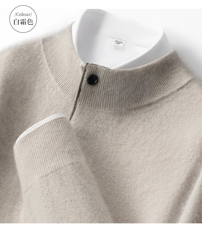 Autumn Winter New Men's Half High Collar Pullover 100% Cashmere Knitted Sweater Casual Business Solid Color Long Sleeve Clothing