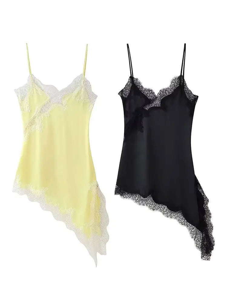 HH Female Summer Fashion Lace Splicing Dresses Solid Sleeveless Asymmetry Backless Slim Women's Sexy Party Sling Mini Dress