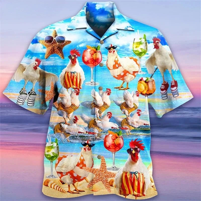 2025 Newest Breathable 3D Printed Trendy Cool Fashion Chicken Shirts Beach Hawaiian Tops Short Sleeves Summer Men's Tee Blouses