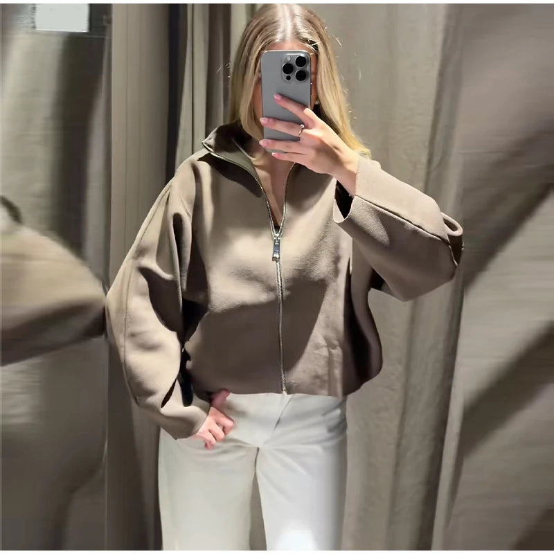 Elegant Knitted Zipper Women's Sweater Solid Full Sleeve Stand Collar Loose Open Stitch Female 2026 Fashion Autumn Outwear Lady