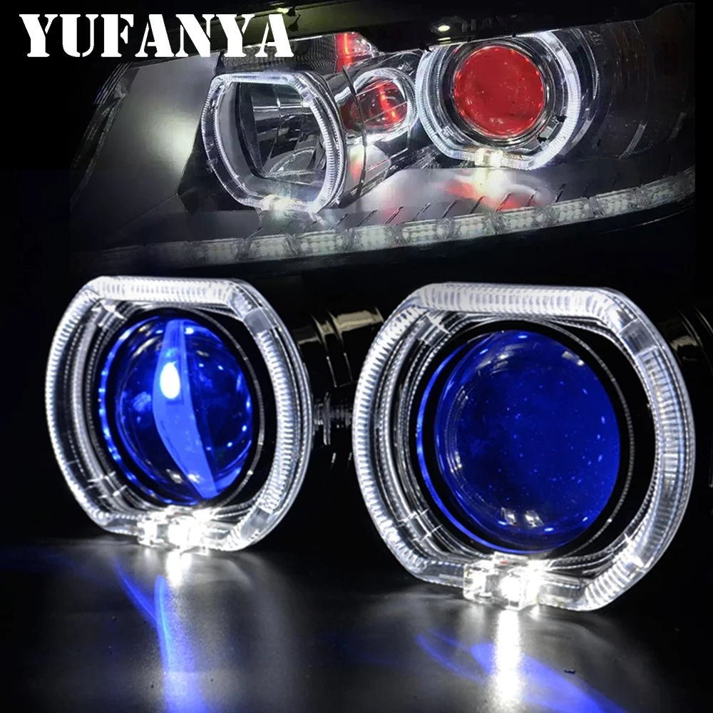 2.5 Inch Mini Bi Xenon Hid Projector Lens DRL LED White Angel Eyes Silver Shrouds Fit H4 H7 Retrofit Car Assembly Kit Demon Eyes