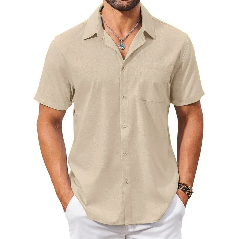 Cotton Linen Breathable Shirt for Men Solid Color Turn Down Collar Male Stylish Summer Short Sleeve Shirts Fashion Clothing