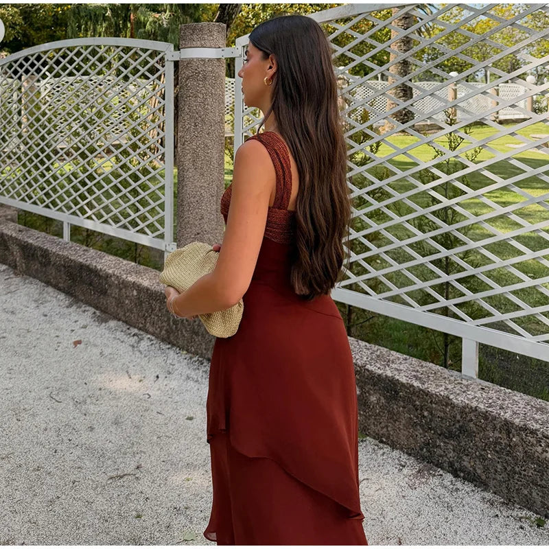 Elegant Patchwork Women's Dress Sleeveless Cascading Ruffle Skew-Collar Lady Long Dresses 2026 Summer Chic Female Vacation Robe
