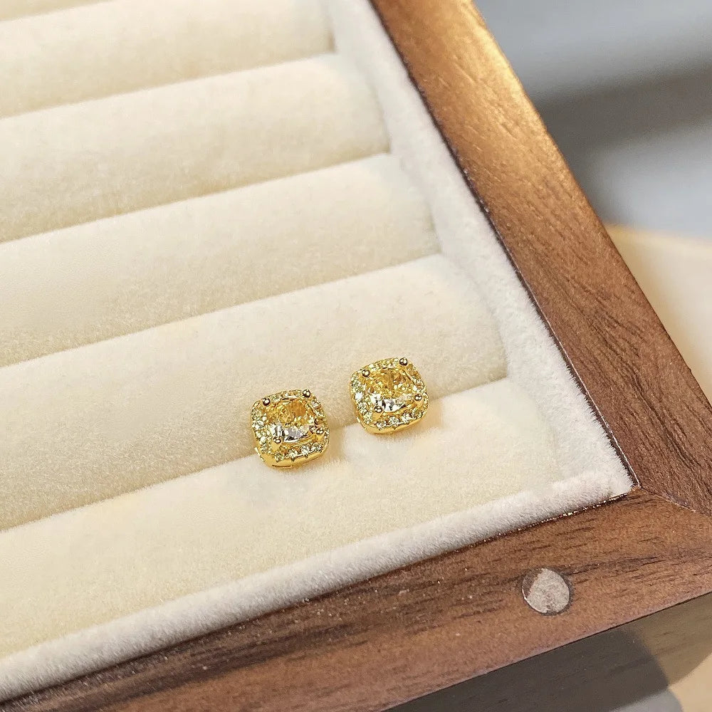 Luxury real gold solid 18K gold Yellow Diamond Earrings Women's Small Sugar Ice Flower Cut