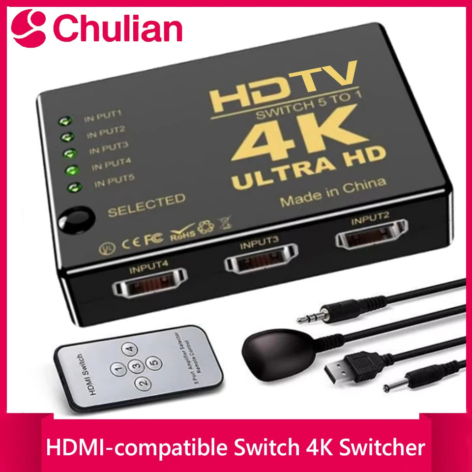 5 Input 1 Output HDMI-compatible 4K Video Switcher With IR Remote Controller  HDTV Switches for Xbox PS4 DVD HDTV PC Laptop TV