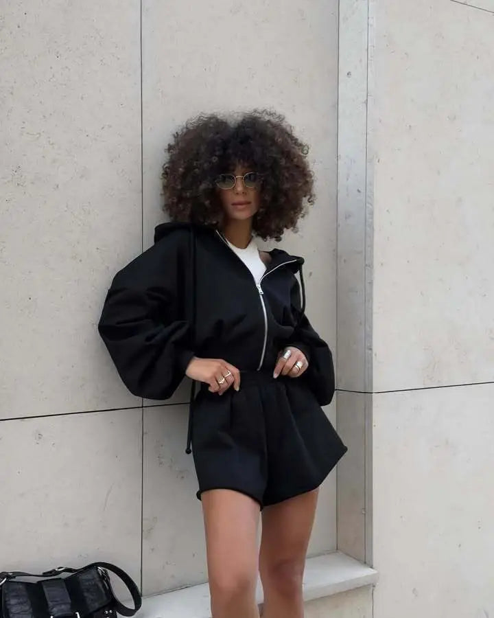 Women's Outfit Long-Sleeve Hooded Drawstring Sweatshirt Shorts Set Two-Piece Sets Sports Suit Sportswear Streetwear Trendy