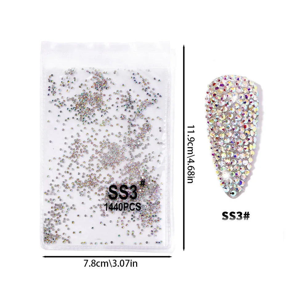 1440pcs Nail Clear/AB Glass Strass FlatBack Crystal Rhinestone (SS3-SS30)3D Nail Gem Stones Non-HotFix Nail Rhinestone