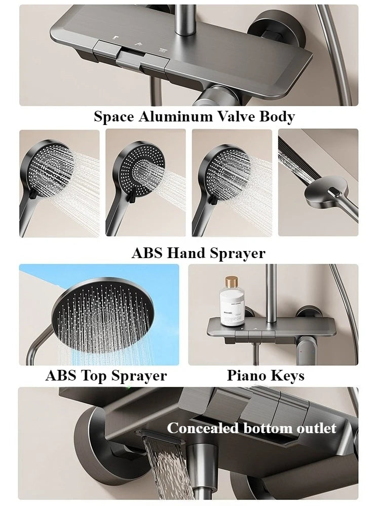Piano Key Three Ways Water Outlet Shower Set Wall Mount Bathroom Shower Faucet Set Rainlfall Pressurized Bathroom Shower System