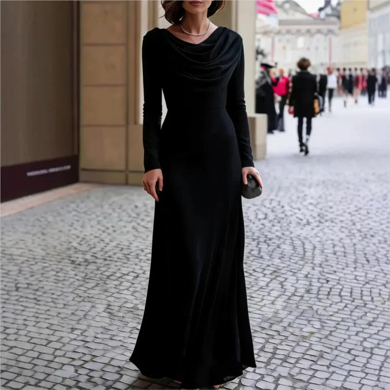Elegant Ruched Maxi Dress Women Swing Collar Full Sleeve Skinny Stretch Robe Autumn Trend Classic Pleats Long Bodycon Vestidos
