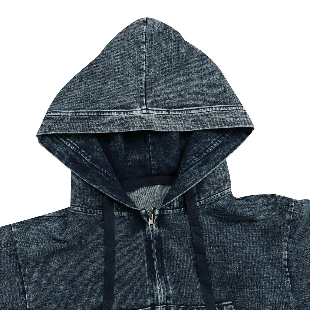 FAGADOER Fashion Denim 2 Pieces Set for Woman Wash Long Sleeve Hooded Crop Top and Pleated Skirts Matching Suits Streetwear New