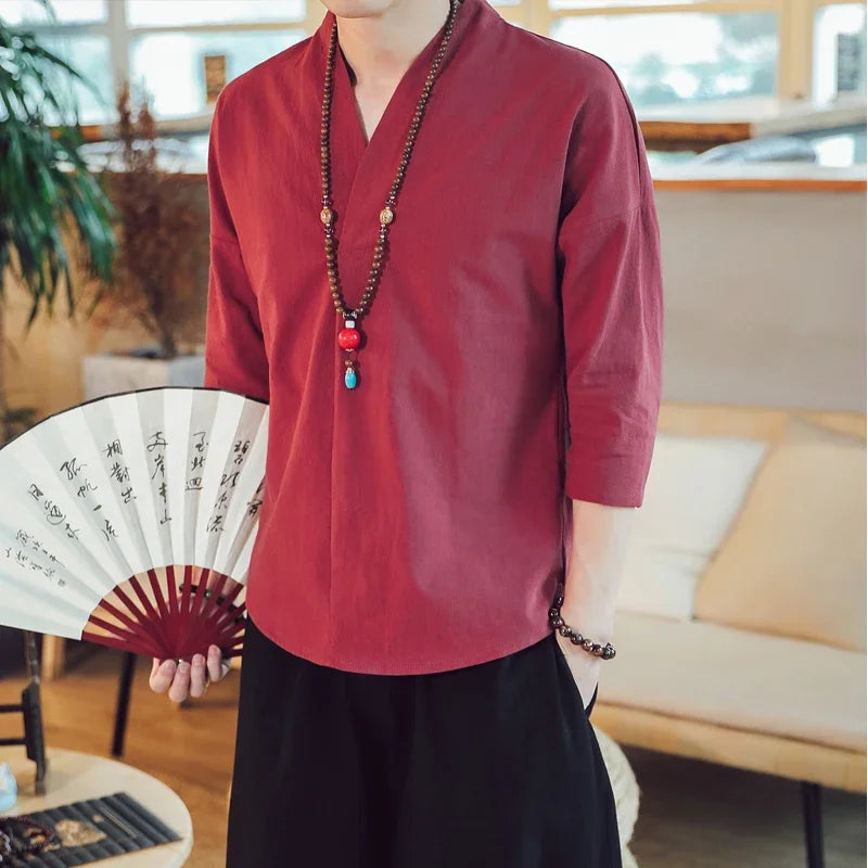 Summer Kimono Japanese Style Short Sleeve Men New Half-sleeved Cotton Linen Breathable Men Clothing T-shirt Japanese Yukata Tops