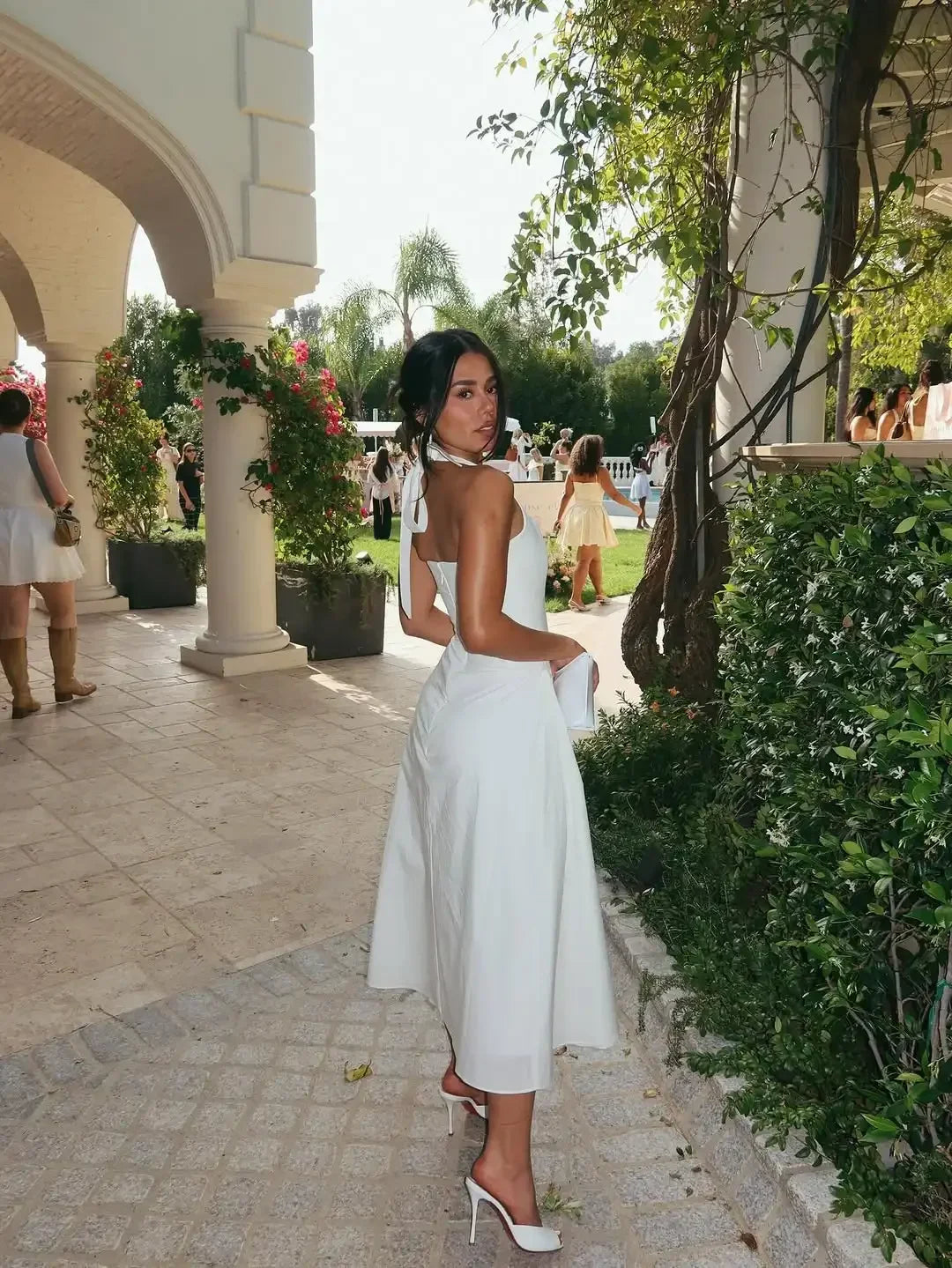 Chic Women White Ruched Waist Maxi Dress Sexy Sleeveless Halter Neck A Line Vestidos Elegant Daily New Party Street Summer Gowns