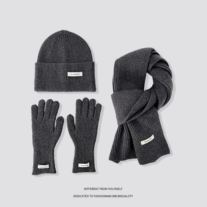 Knitted Winter Scarf Woman Solid Color Hat Scarf Gloves Women's Windproof Adult Three-piece Set Fashion Women's Scarf Hat Set