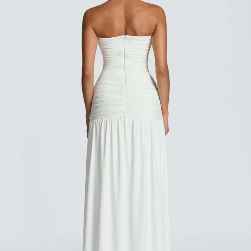 Elegant Lady Solid Maxi Dress Sleeveless Off Shoulder Deep V-neck High Split Pleated Satin Gown 2026 Women New Dinner Party Wear