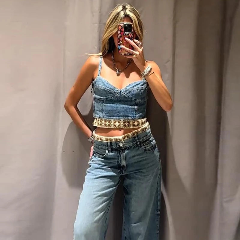 Crochet Splicing Cropped Top Jeans Set 2026 Summer New Ladies Sexy Backless Tank Top Straight Leg Denim Pants Women's Outfits