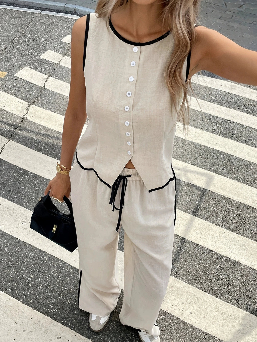 2026 New women Vest Top + Pant Suit Summer Women Contrast Color Sleeveless Single Breasted Vest + Drawstring Pants Two Peice Set