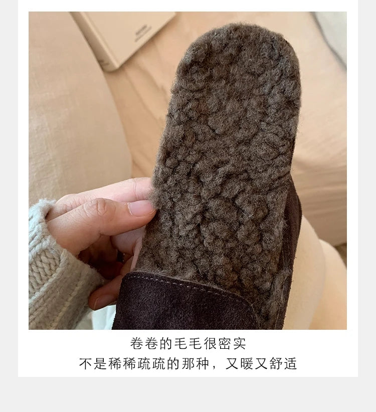 New Suede Leather Loafers Woman Round Toe Slip-on Casual Flat Shoes Wool Warm Winter Shoes Outdoors Walk Shoes Women