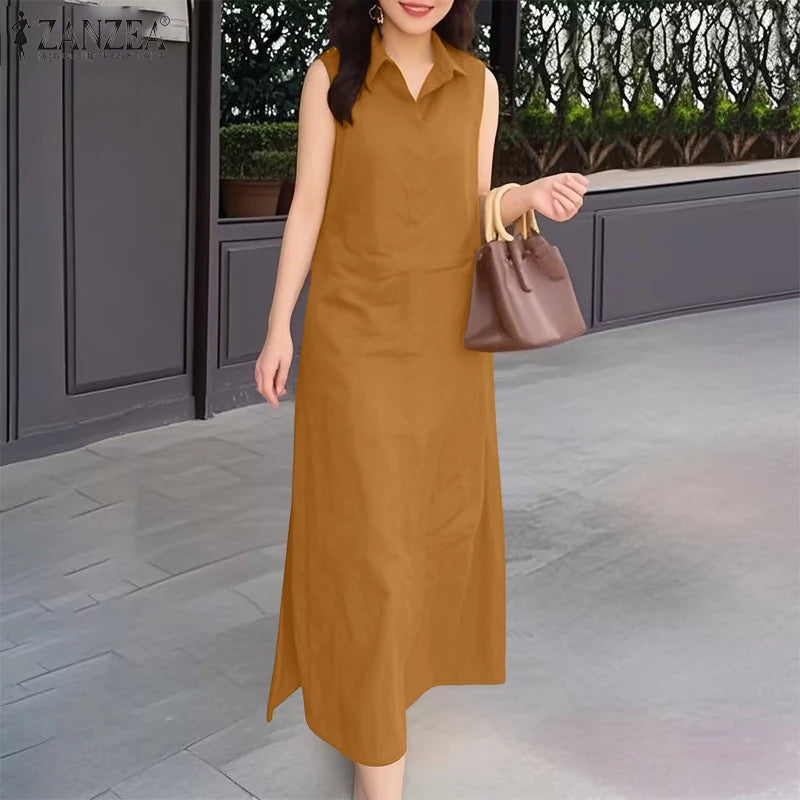 2025 Summer Sleeveless Sundress ZANZEA Women Long Dress Elegant Work OL Dresses Casual Lapel Neck Solid Vestidos Split Hem Robe