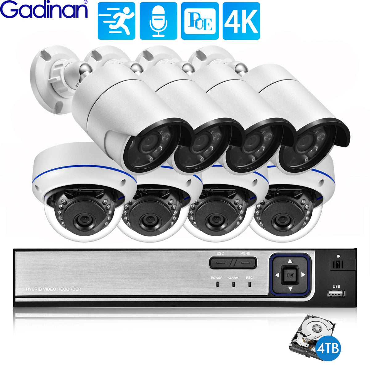 Gadinan 8MP Ultra HD POE Network Video Surveillance System 4K Security Cameras 4CH 8CH NVR Dome Bullet CCTV Kit Audio Record Set