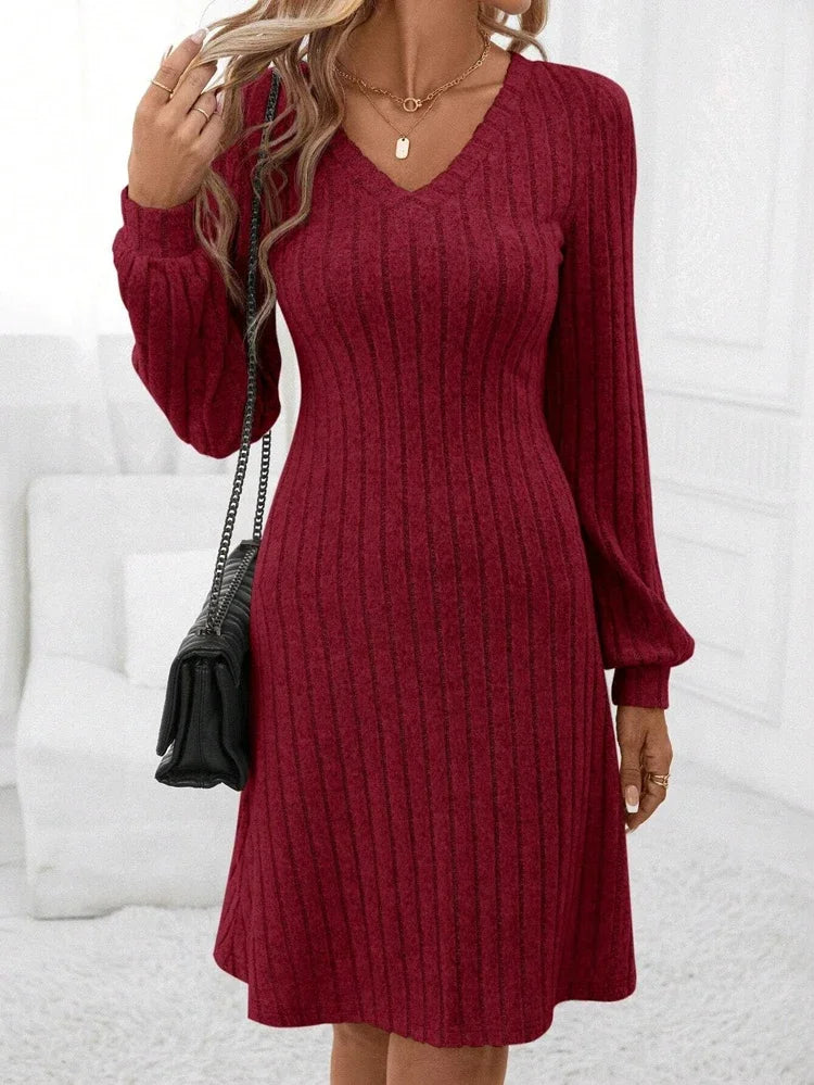 Solid Color Long Sleeve Knitted Ribbed Women Mini Dress Winter Warm V-neck Pit Stripe Dresses Casual Party Vacation New Clothes