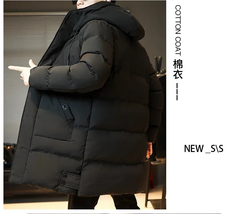 2023 Warm Hooded Mid-length Jacket Mens Casual Zip Up Cotton Padded Jacket Overcoat Autumn Winter Windbreaker Coats Men Clothing