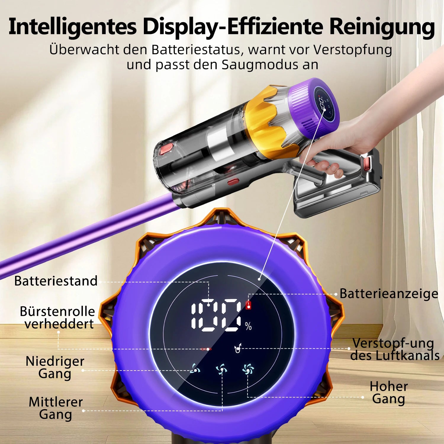 AUTHMIC Cordless Vacuum Cleaner, 70 Mins Runtime, 3 Modes, LED Headlights, 1.8L Dustbin, HEPA Filter, Lightweight, for Pet Hair