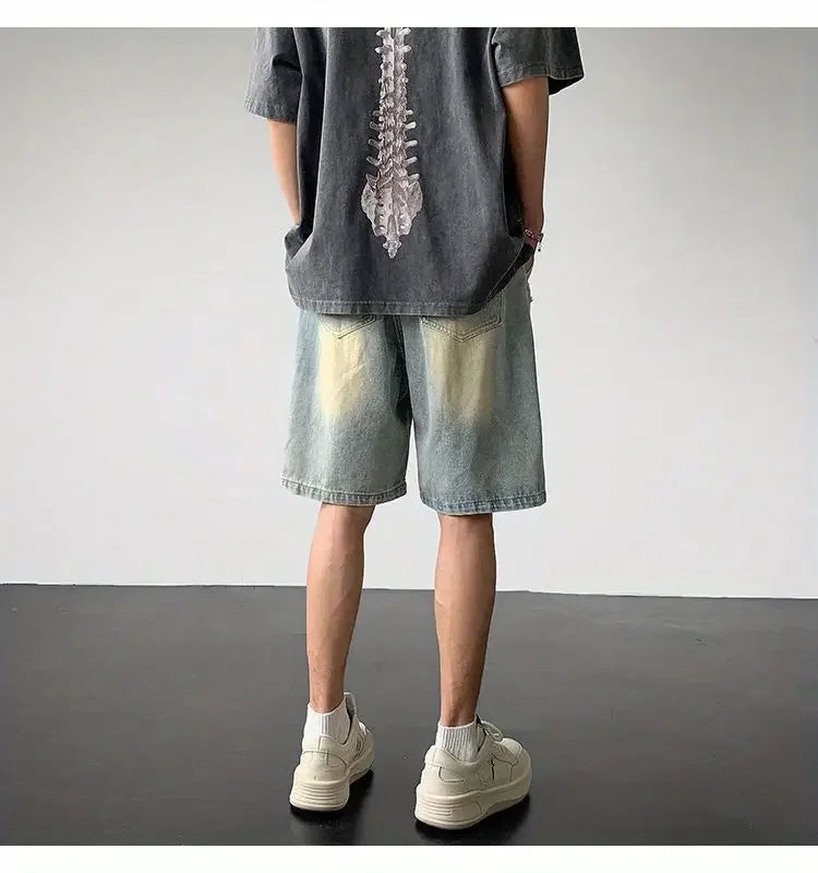 Embroidered Denim Shorts Men's Summer American Retro Street Five-point Pants Trendy Brand Trendy Loose