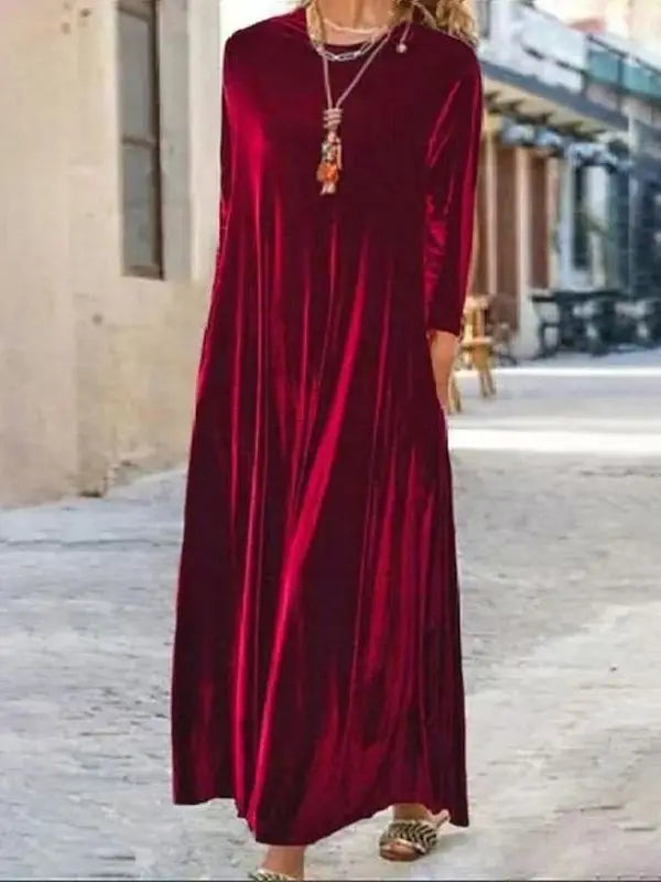 Elegant Velvet Long Sleeve Midi Dress for Women Spring Autumn New Style Casual High Waist A-Line Skirt Fashionable Dress