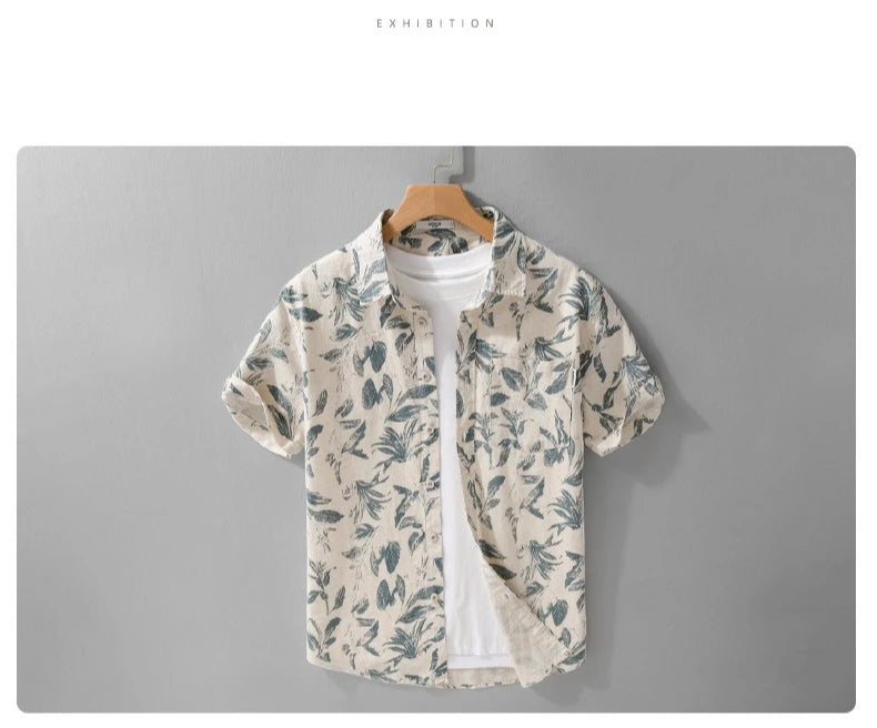 Summer New Printed Breathable Linen Cotton Short Sleeve Shirt for Men Clothing Casual Turn-down Collar Summer Shirt FY736