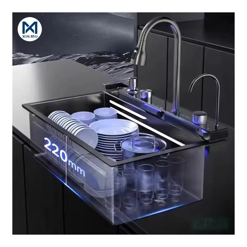 LED Factory 304 Stainless Steel Anti-Scratch Kitchen Sink Multifunction LED Digital Display Pull-Out Faucet Single Bowl Design