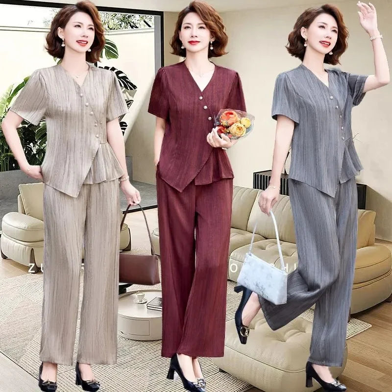 2025 Female Fashion Short Sleeve 2PCS French Women New Two-piece Set Summer Middle Aged Mother Solid Color Wide Leg Pants Outfit