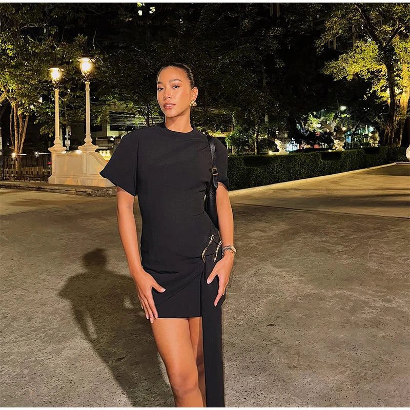 Elegant Mini Dress Woman Ribbons Slim O-neck Short Sleeve Above Knee Dresses Female Spring Summer Party Robe Lady High Street