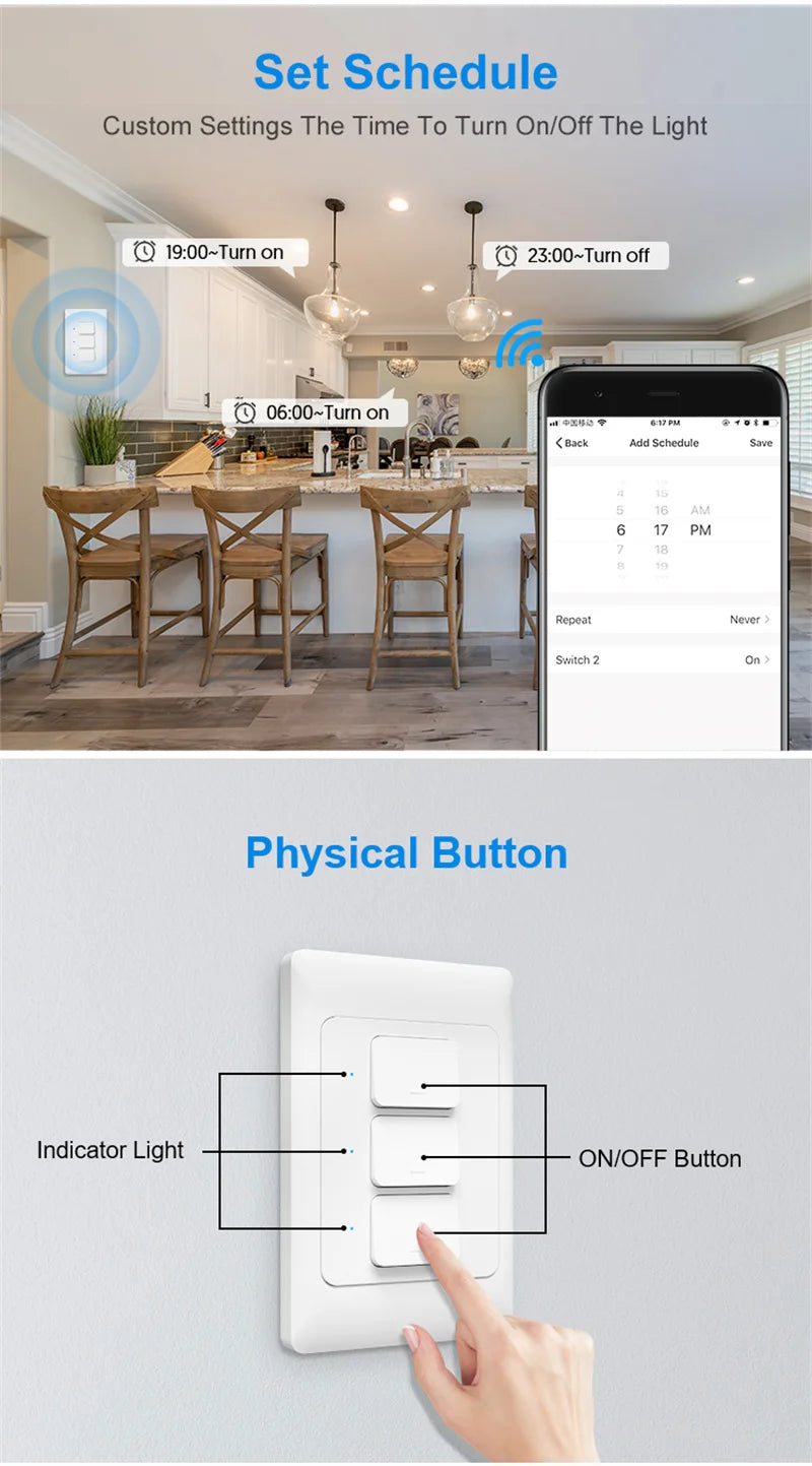 Tuya WiFi Light Switch Smart Wall Push Button Switches No Neutral Required 110-240V 1/2/3 Gang Physical Lamp Switch APP Voice