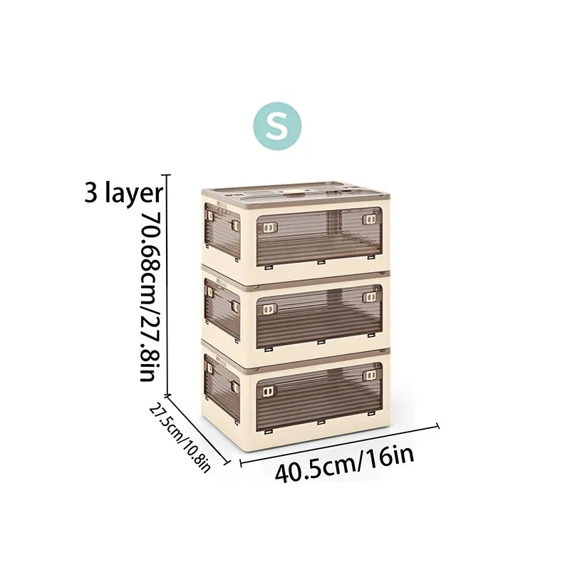 Plastic Storage Box with Lid, Foldable with Wheels, Five-Opening Door, Stackable, Used for Organizing Clothes, Snacks, and Camping, White and Light Yellow