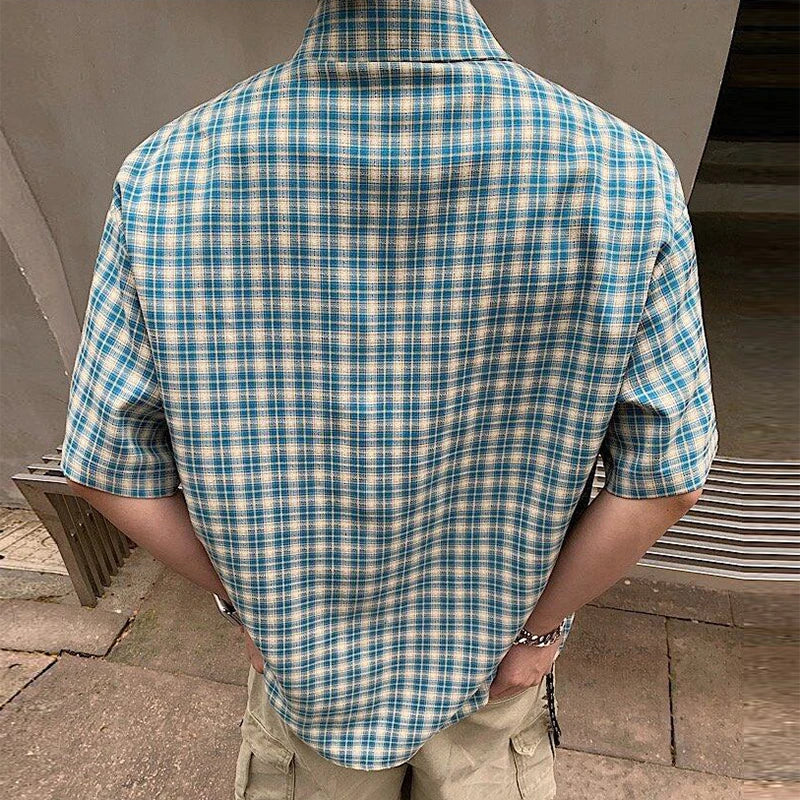 2025 Summer Stylish Short Sleeve Shirt Men's Streetwear Vintage Button-up Turn-down Collar Shirts Trendy Men Plaid Printed Shirt