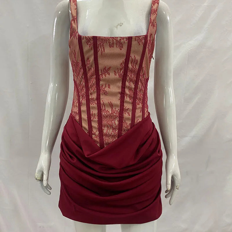 Imitation Town Lace Stitching Pleated Straight Skirt Female Thin Shoulder Strap 2026 Spring Summer Nightclub Sexy Party Dress