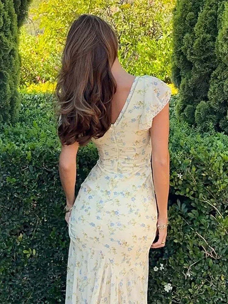 Fashion Women's Dress V-neck Short Sleeve Slim Female Print Floral Dresses 2026 Summer Sexy Elegant Holiday New Party Lady Robe