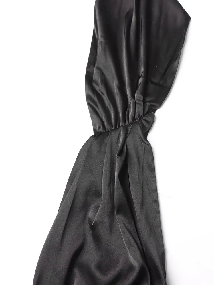 VGH Patchwork Formal Dresses For Women Halter Collar Off Shoulder Sleeveless High Waist Backless Satin Mini Dress Female Style