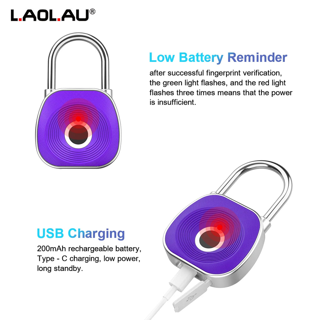 Fingerprint Smart Padlock Keyless Biometric Lock Waterproof USB Rechargeable 0.5s Unlock 20 Fingerprints, Cabinet Luggage Door