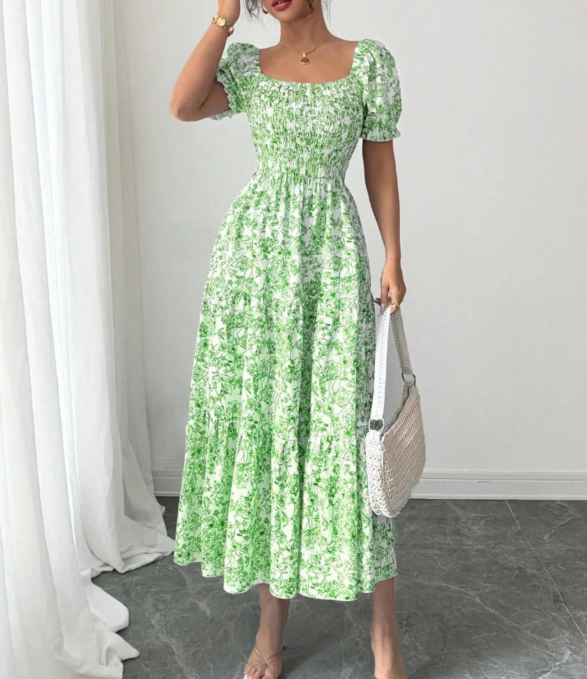 Spring and Autumn Women's Square Neck Short Sleeve Long Skirt Fresh Printed Casual Fashion Slight Backless Temperament Dress