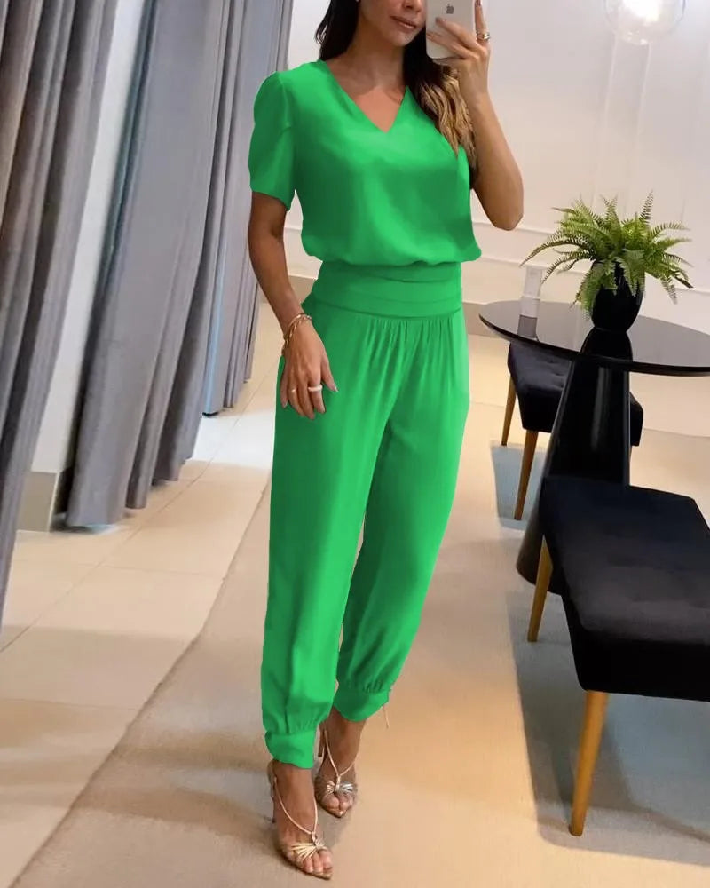 2025 New Long Pant Sets Summer Fashion Casual V-neck Print Short Sleeve Trousers Suit Two-piece Set 2 Piece Sets Women Outfit