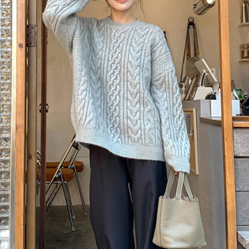 Autumn Winter Thicken Warm Pullover Sweater Women Vintage Loose Twist Knitted Jumper Woman All-Match O-Neck Long Sleeve Pullover